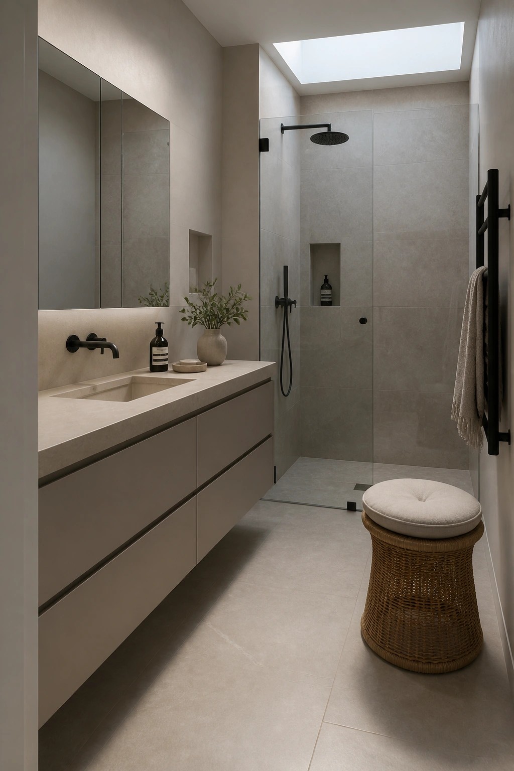 Bathroom vanity cabinets painted in a warm greige finish.