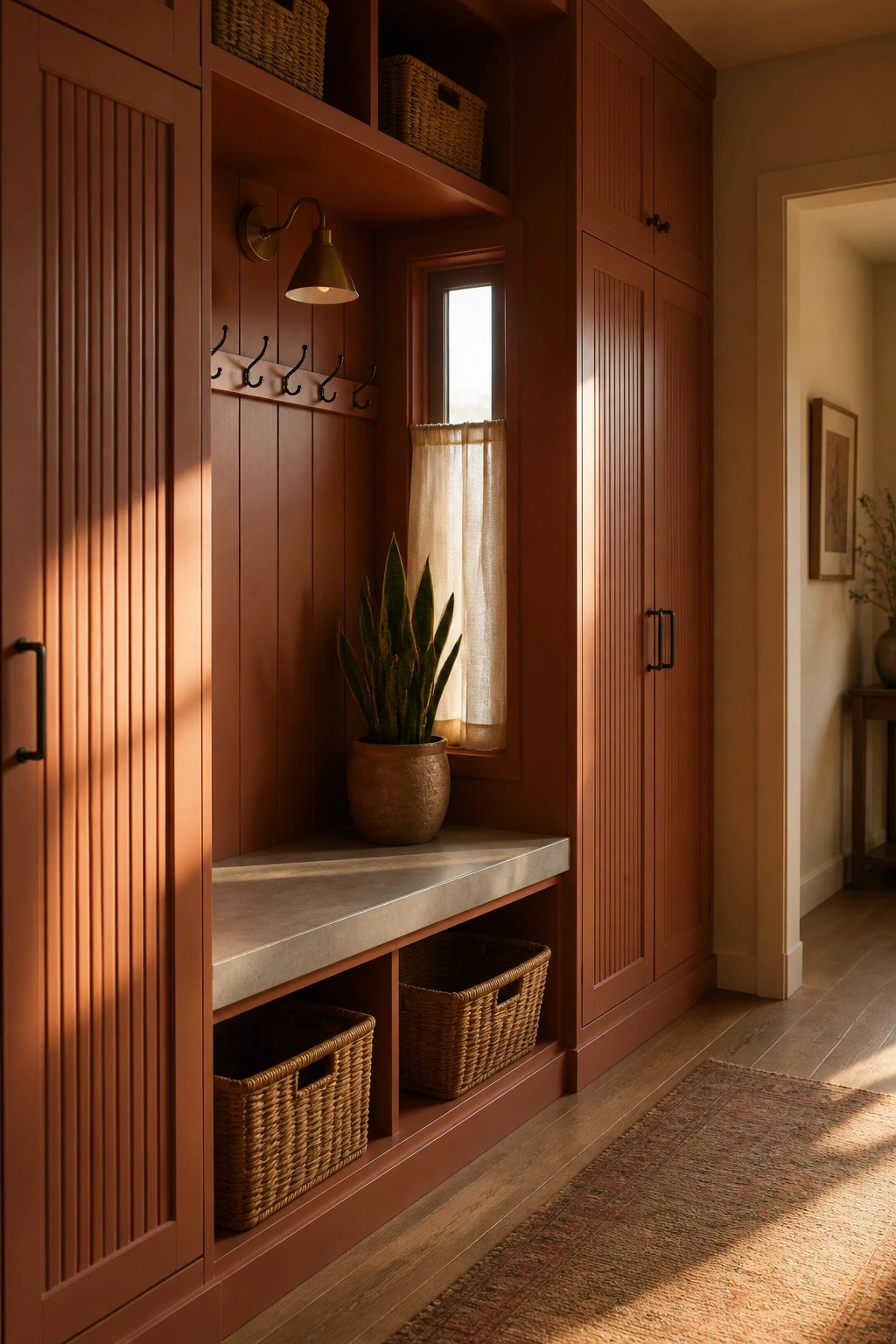 Built-in terracotta cabinetry with open storage and a concrete bench in a home entryway.