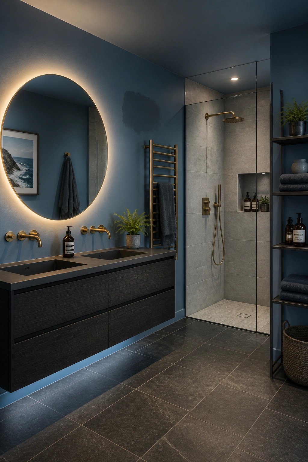 Bathroom walls painted in a deep blue with a dark floating vanity and brass fixtures.