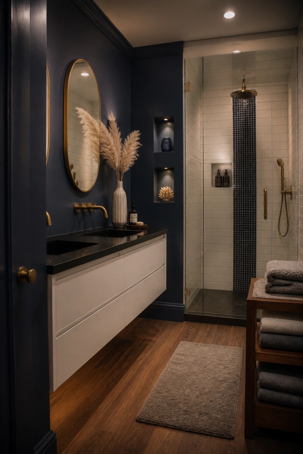 A bathroom featuring deep navy blue walls with a white vanity and wood flooring.