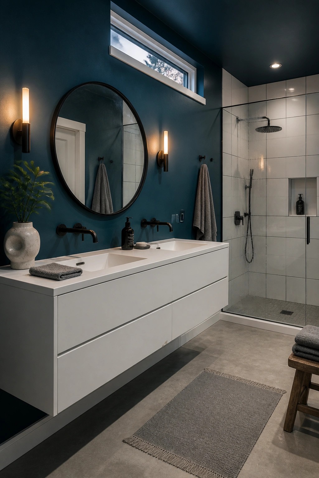 A bathroom featuring deep teal walls with a white vanity and round mirror.