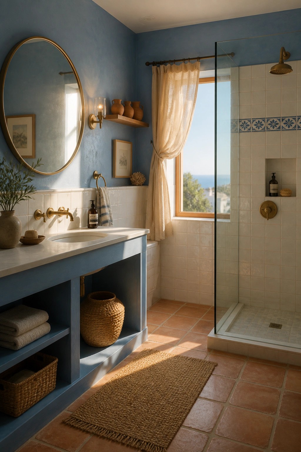 Blue painted walls in a bathroom with white tile and terracotta flooring.