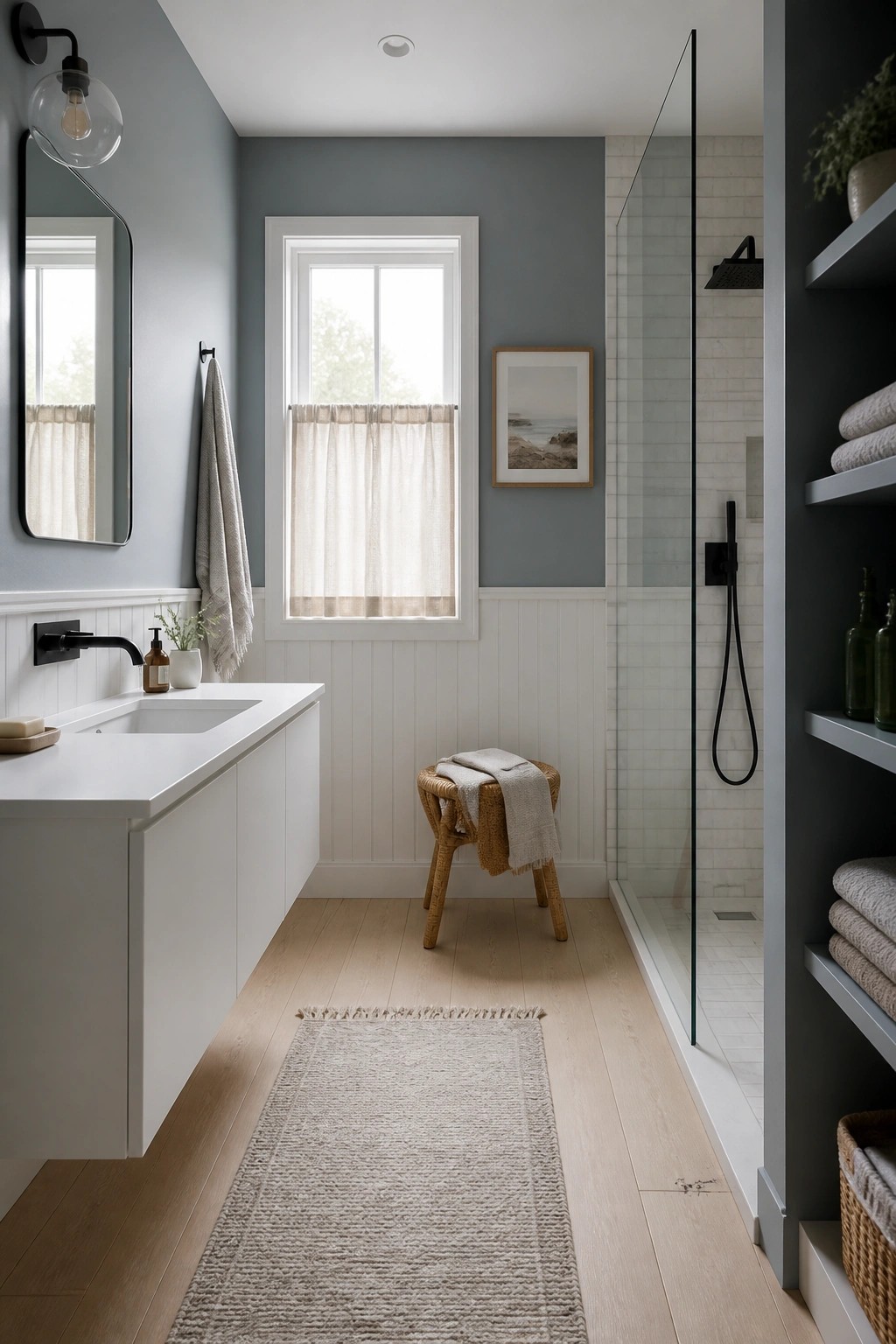 Bathroom walls painted in a muted blue gray above white beadboard.