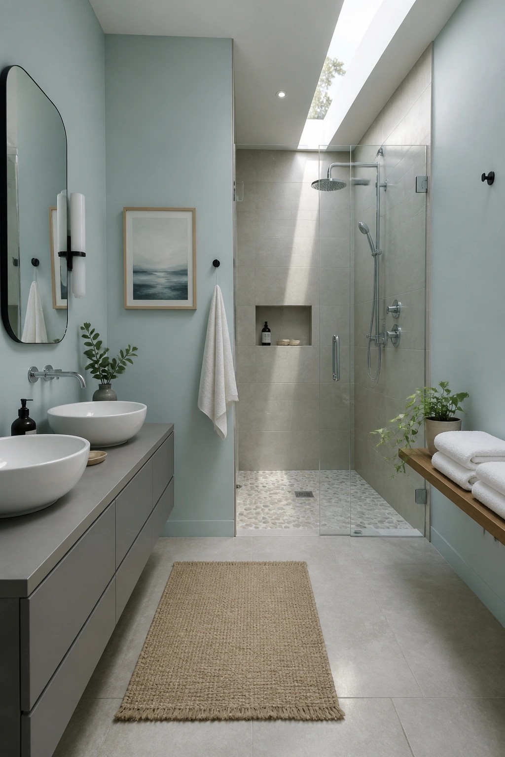 Modern light blue bathroom with double vanity, glass shower, skylight, and woven rug.