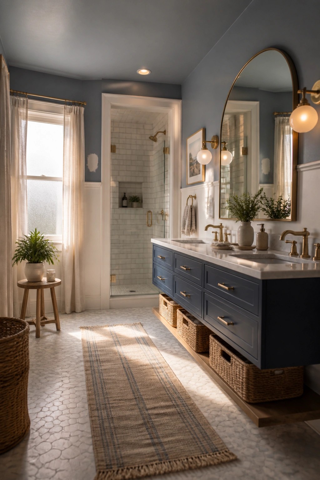 Soft blue gray walls in a bathroom with white trim and a navy vanity.