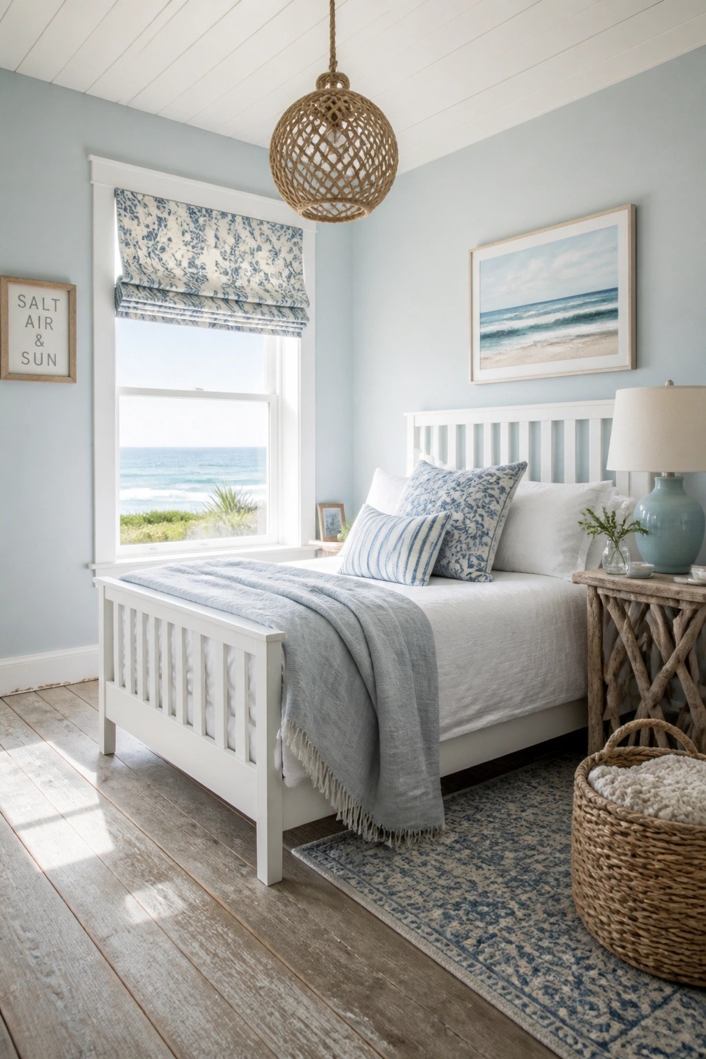 Coastal bedroom with white bed, blue pillows, ocean view, woven pendant light