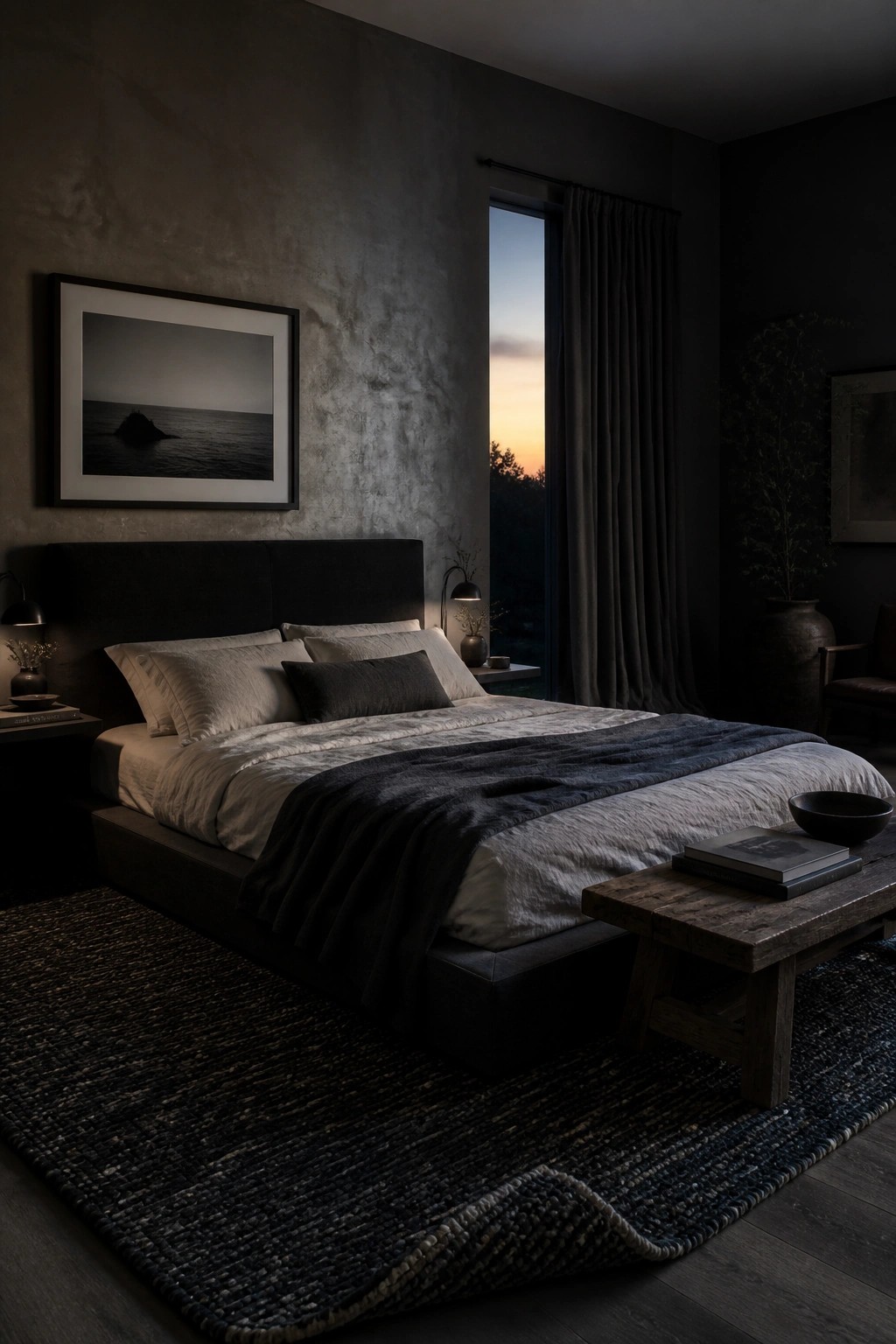A bedroom with dark gray textured walls and a large bed.
