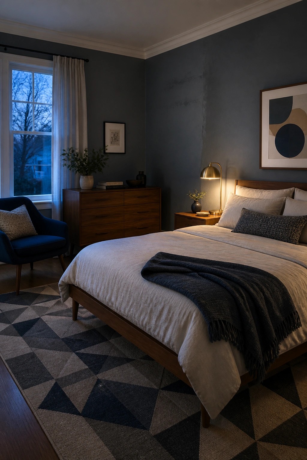 Modern bedroom with wooden bed, dark blue walls, geometric rug, and blue armchair.