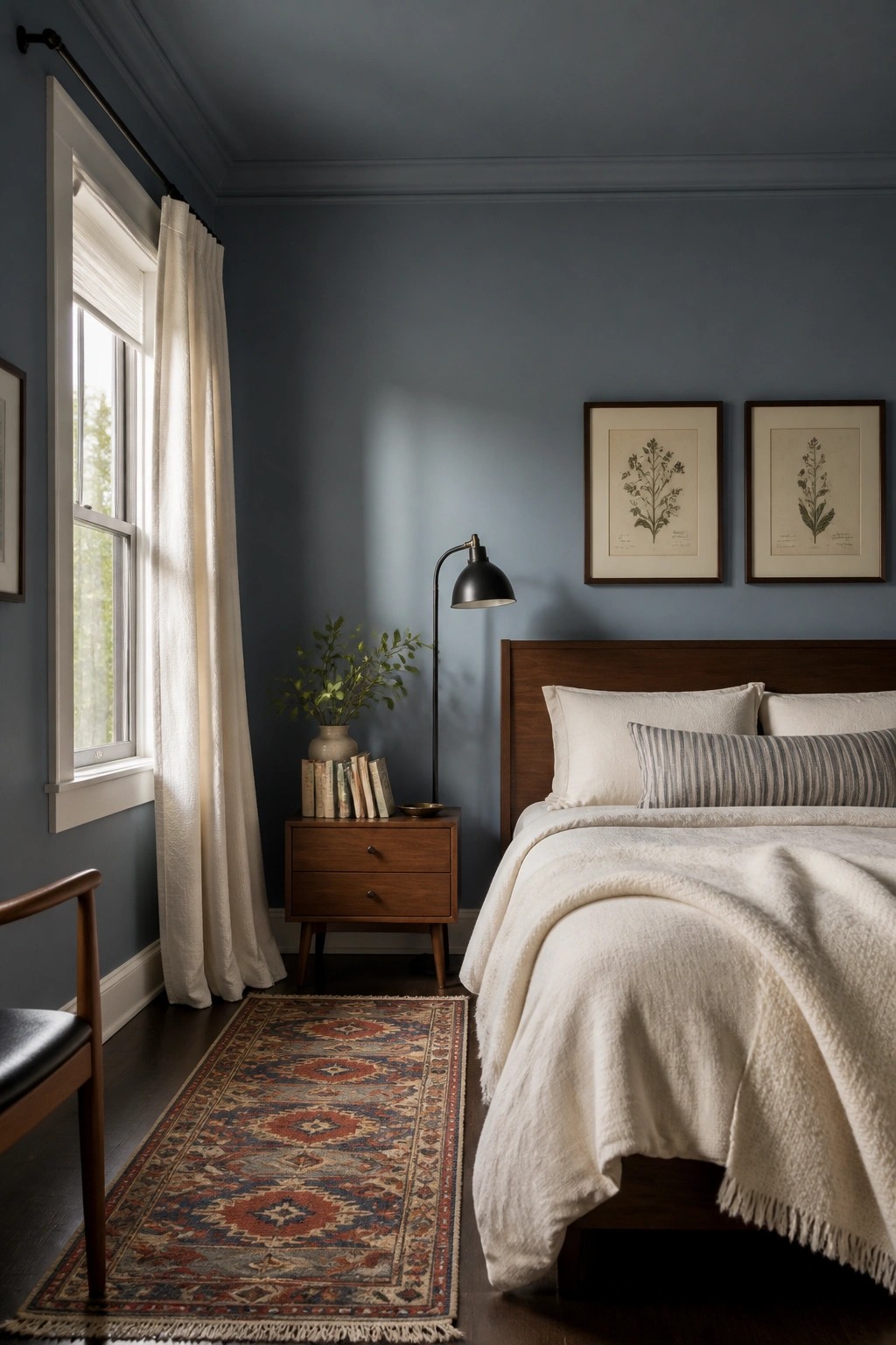A bedroom with soft blue gray walls and a wooden bed frame.