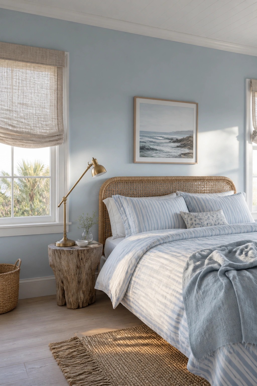 Light blue-gray walls in a bedroom with wood flooring and a woven headboard.