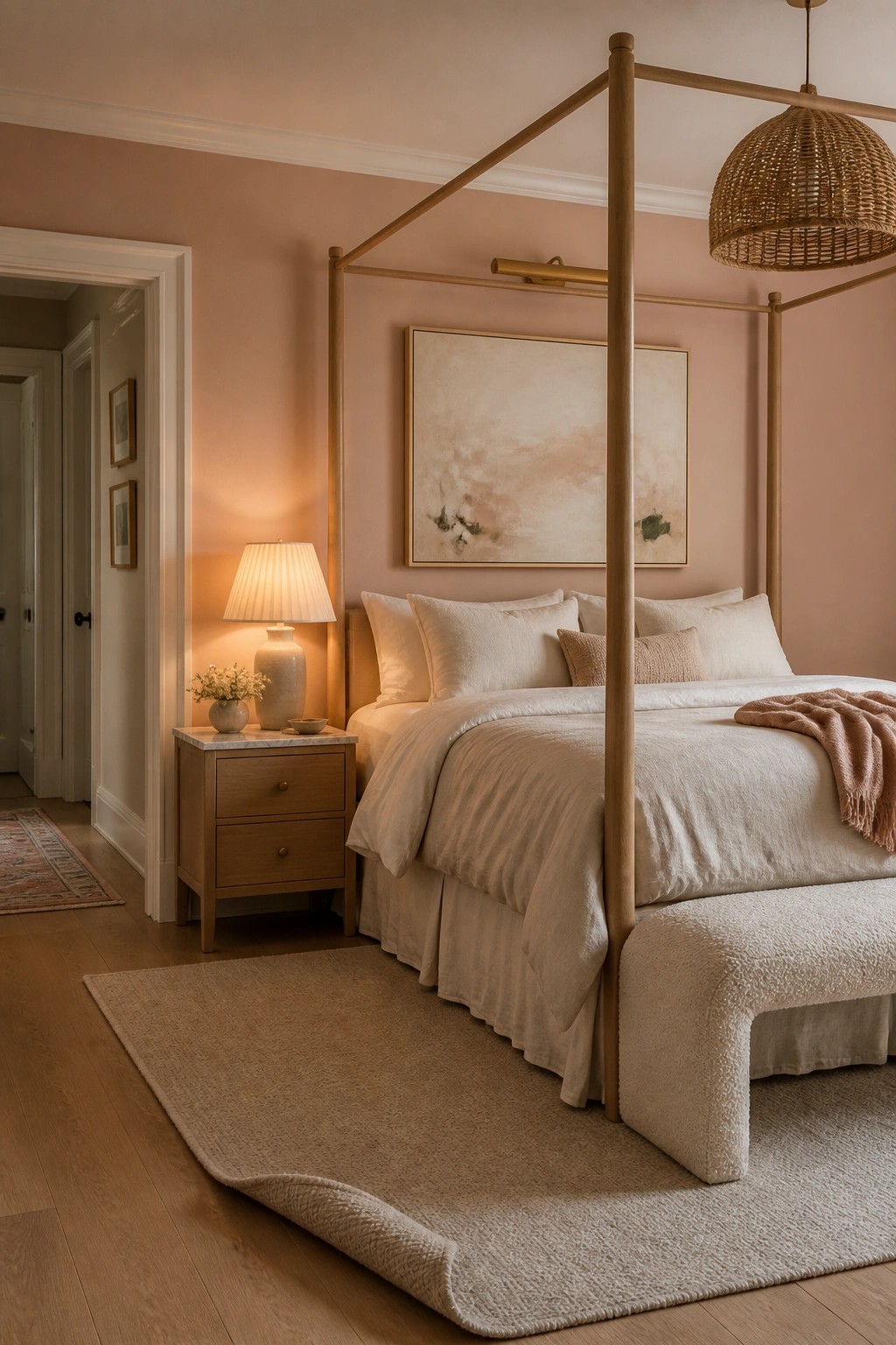 A bedroom with soft blush walls and a wooden canopy bed.