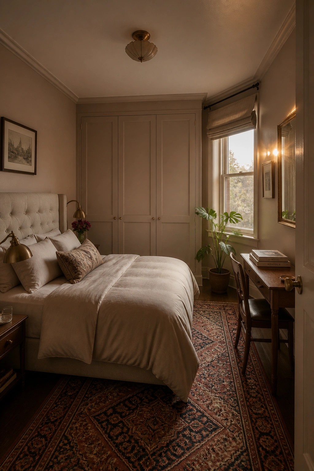 A bedroom with soft greige walls and built-in closet doors.