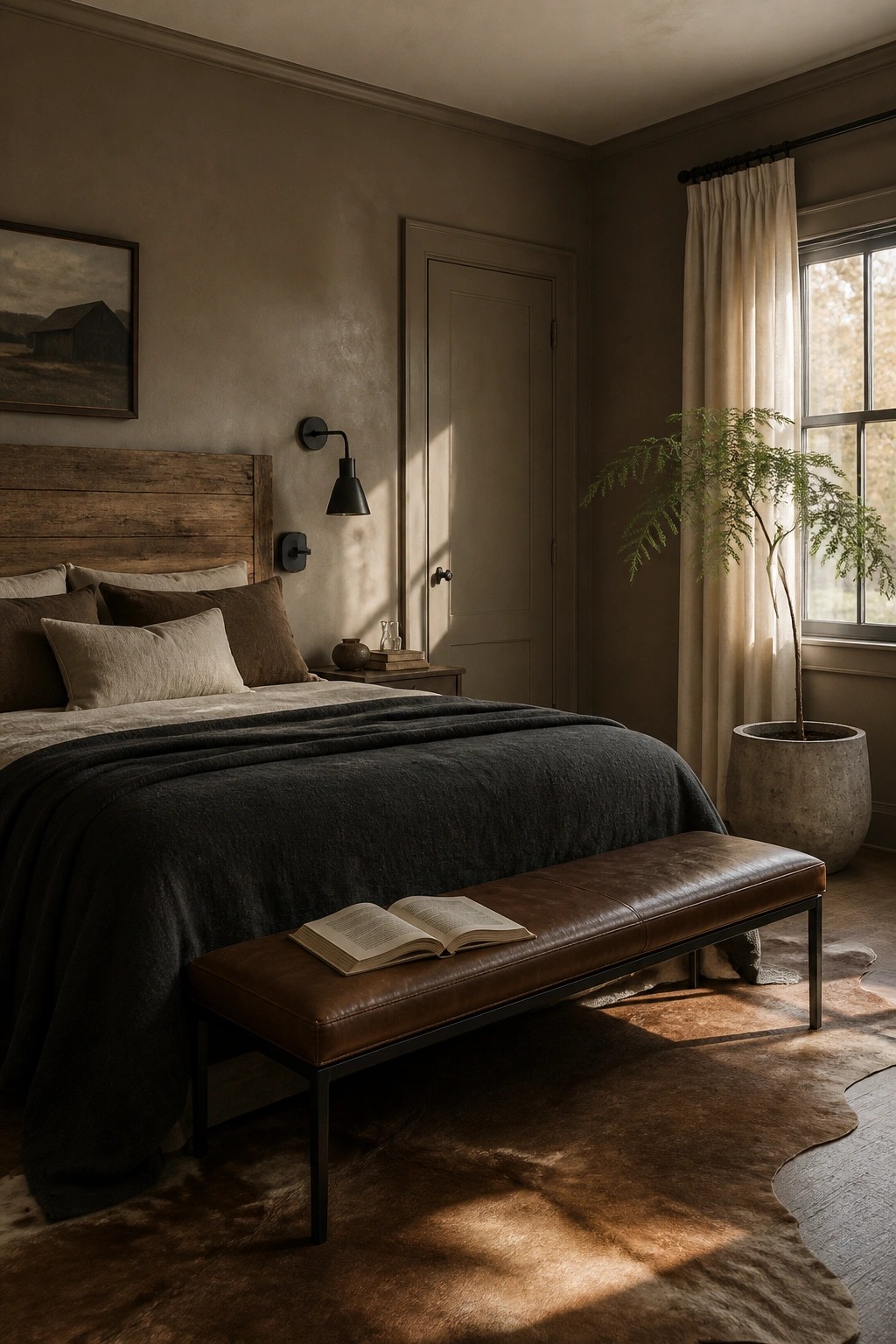 Bedroom walls painted in a soft greige tone with wood accents.