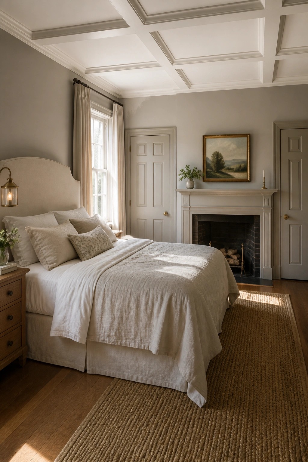 A bedroom with soft greige walls and white trim.