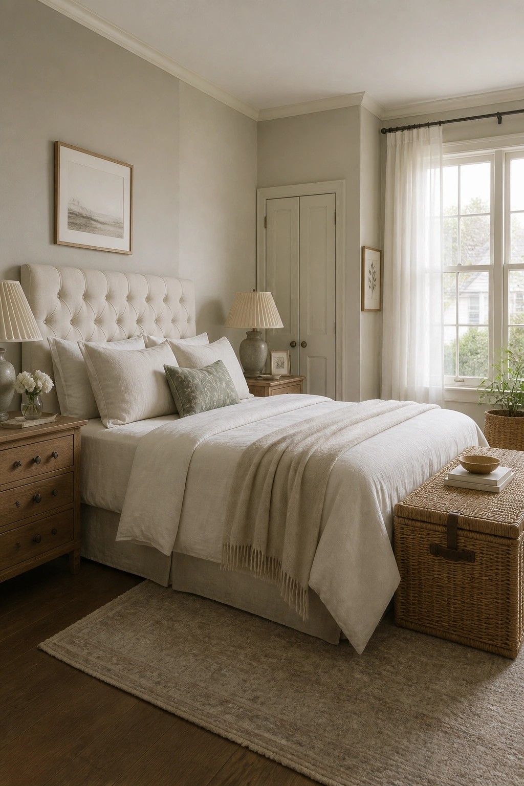 A bedroom with soft greige walls and layered neutral bedding.