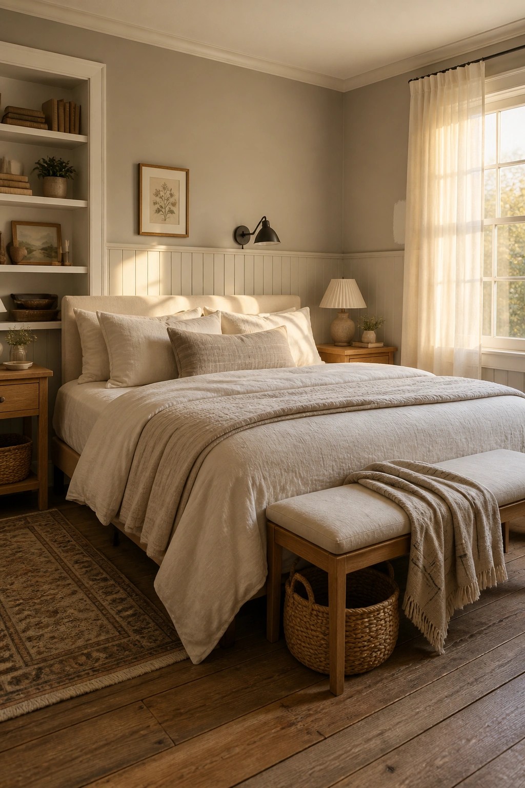 A bedroom with soft greige walls and white wainscoting.