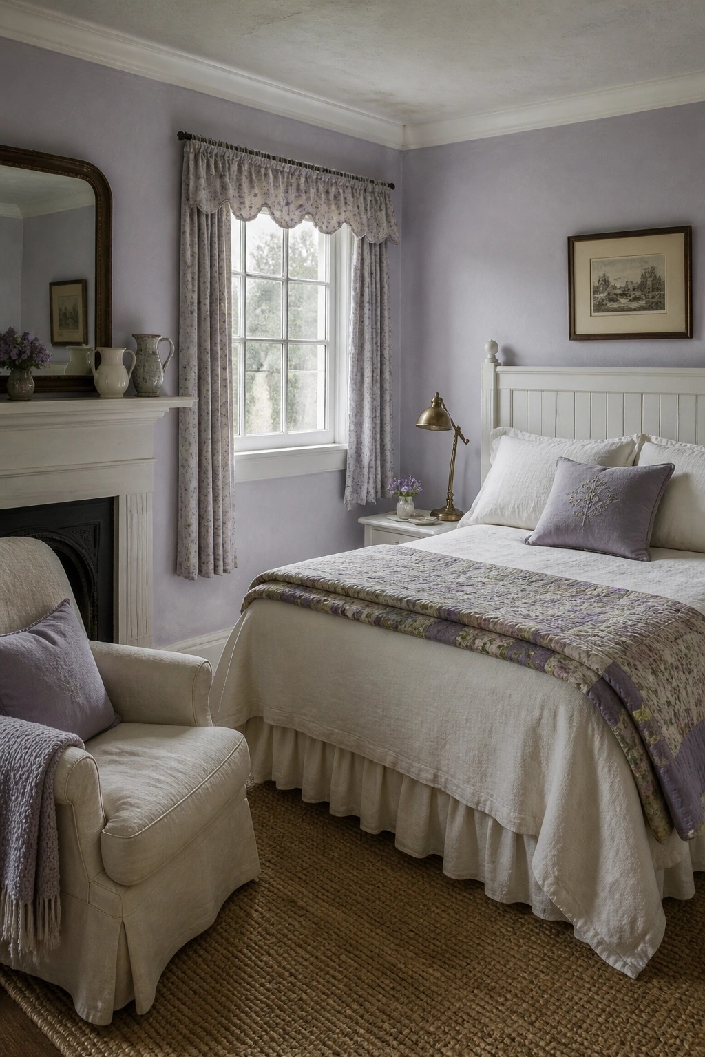 Cozy lavender bedroom with white bed, floral quilt, armchair, and fireplace mantel