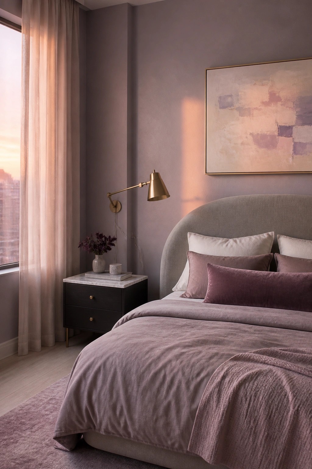 Muted mauve gray walls in a bedroom with a large upholstered bed.