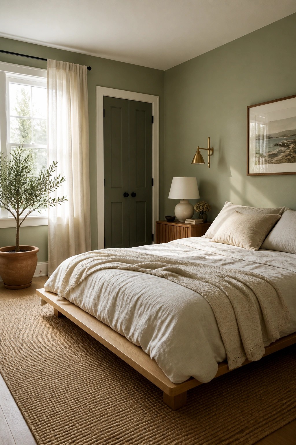 Bedroom walls painted in a soft sage green color.
