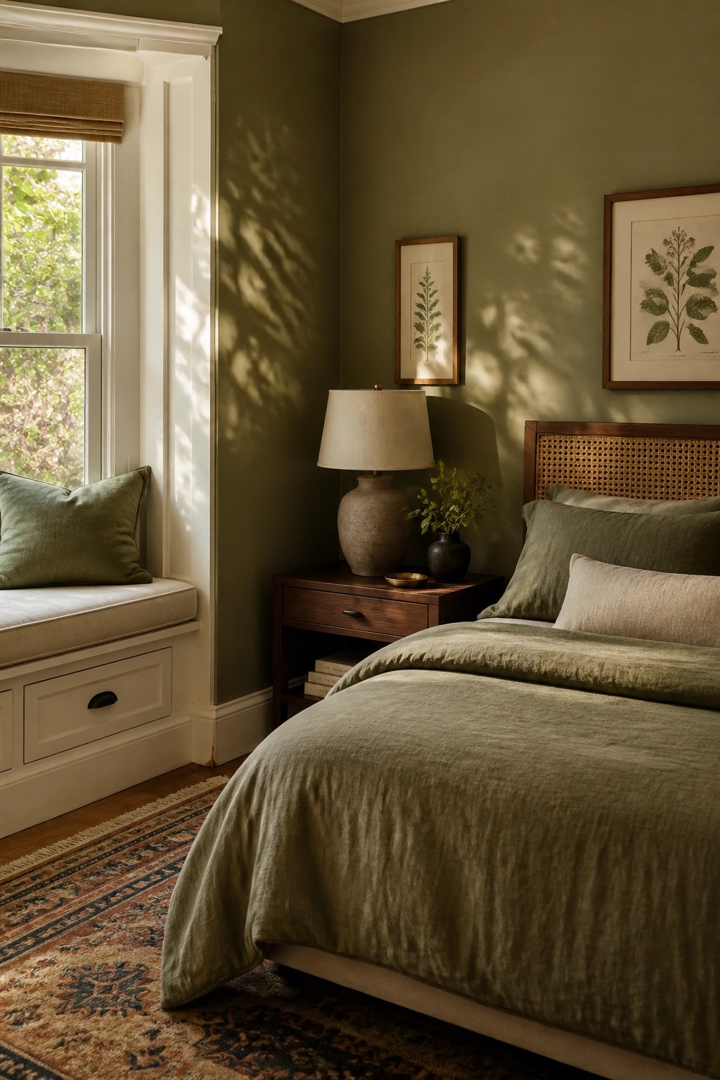 A bedroom with soft sage green walls and a wooden bed frame.