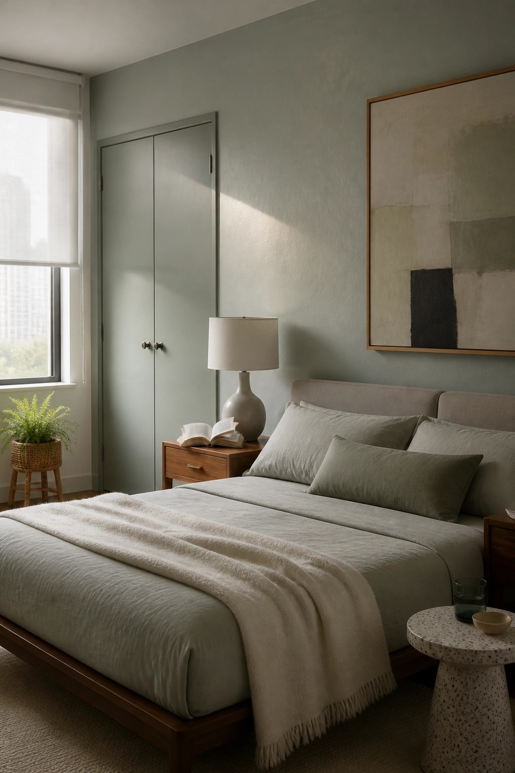 A bedroom with soft sage green walls and a wooden bed frame.