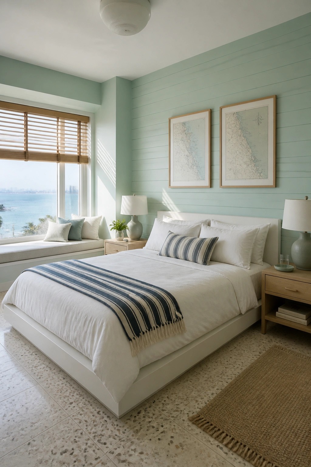 A bedroom with soft sage green walls and white bedding.