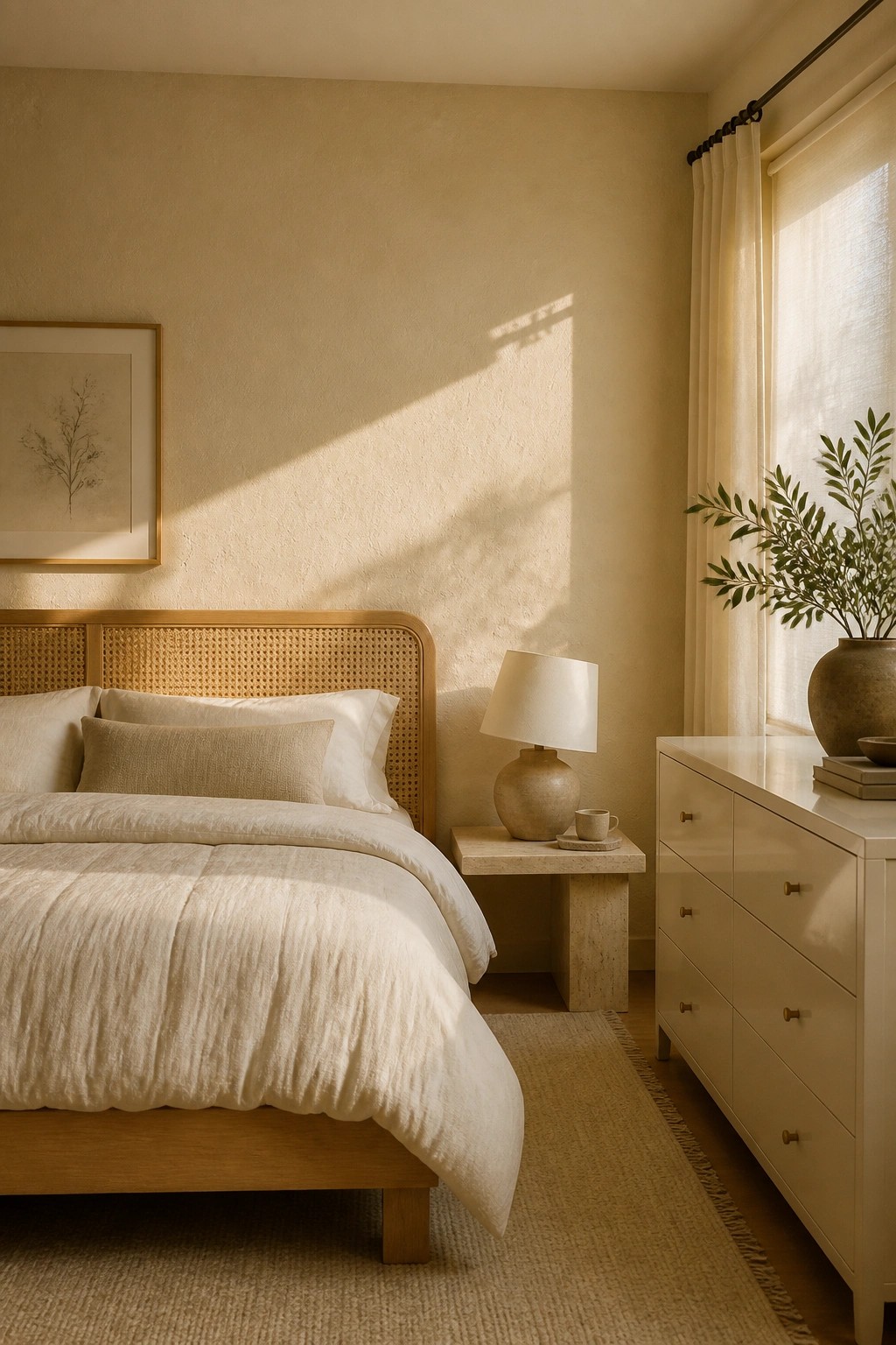 A bedroom with warm beige walls and a wooden bed frame.