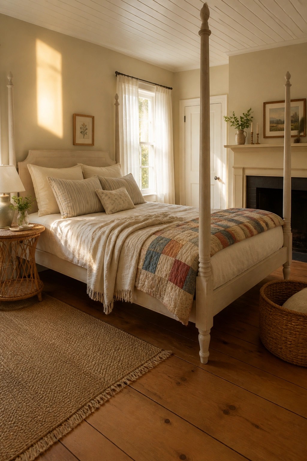 Sunlit bedroom with four-poster bed, patchwork quilt, wooden floors, and fireplace