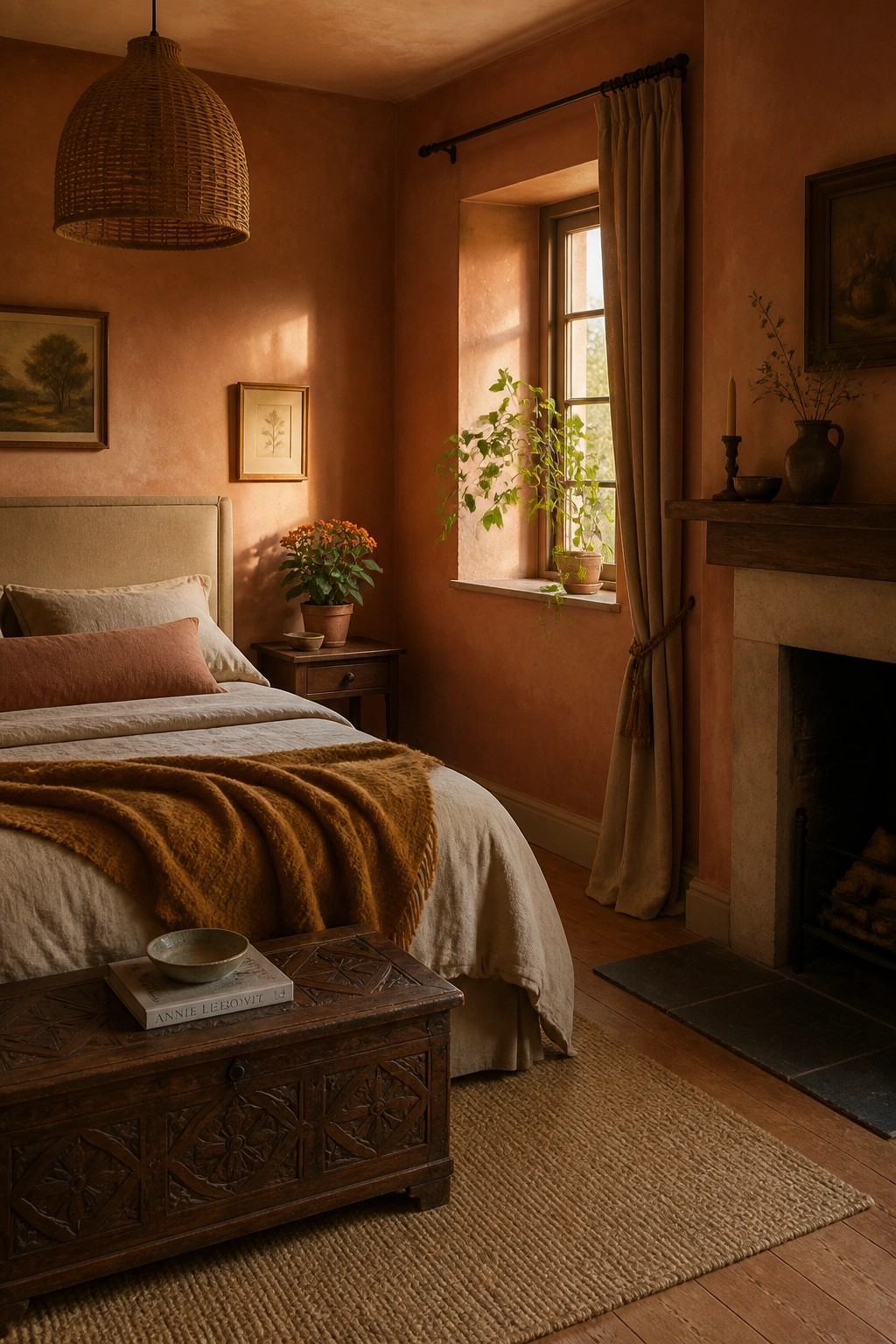 A bedroom with warm terracotta walls and wood furnishings.