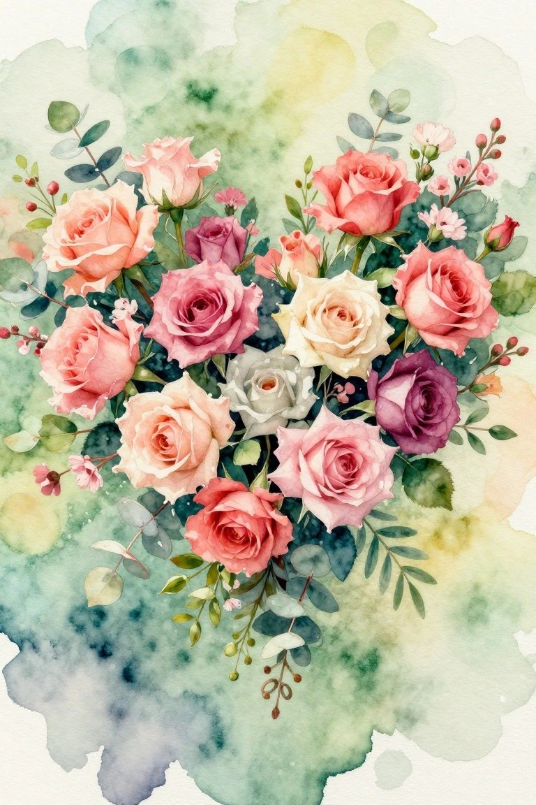 Watercolor bouquet of pink, coral, white, and purple roses with green leaves.