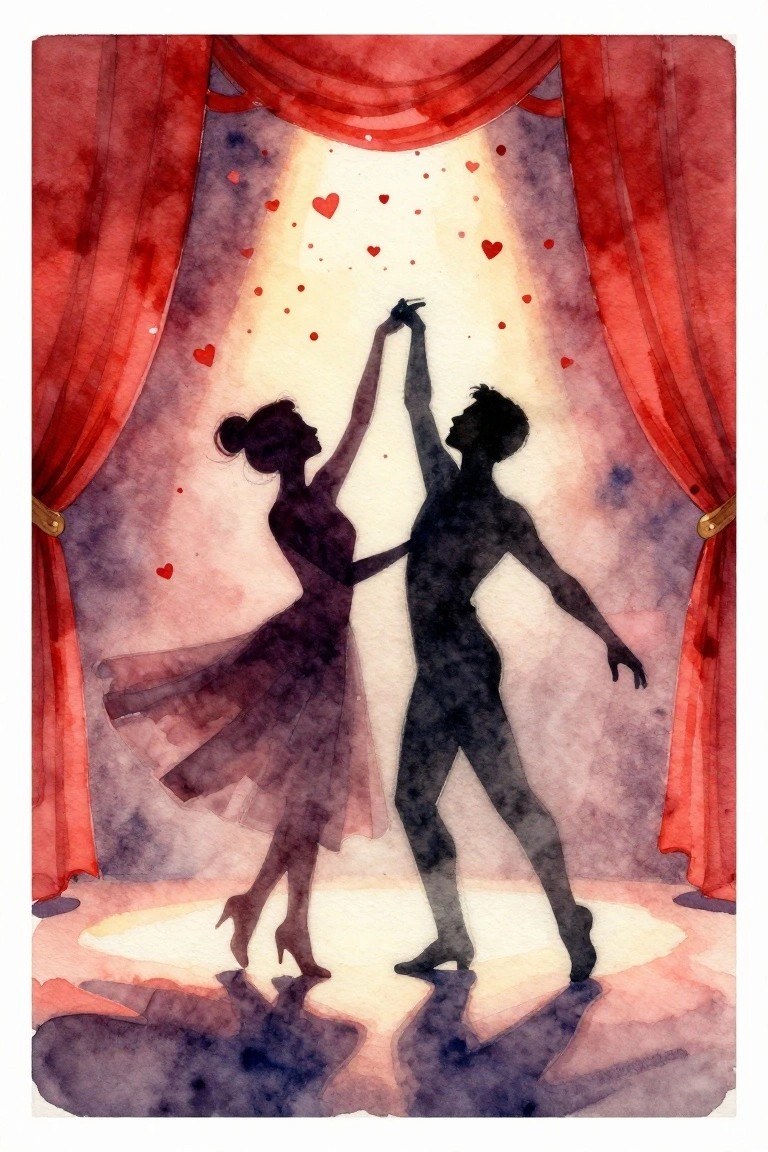 Silhouetted dancers on stage with red curtains, spotlight, and floating hearts in watercolor.