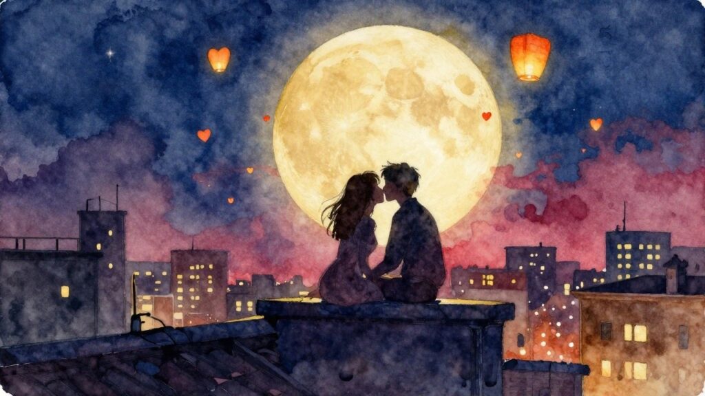20 Romantic Valentine Canvas Painting Ideas for Sweet Handmade Gifts A watercolor painting of a couple kissing on a city rooftop at night beneath a large moon with heart-shaped lanterns floating in the sky.