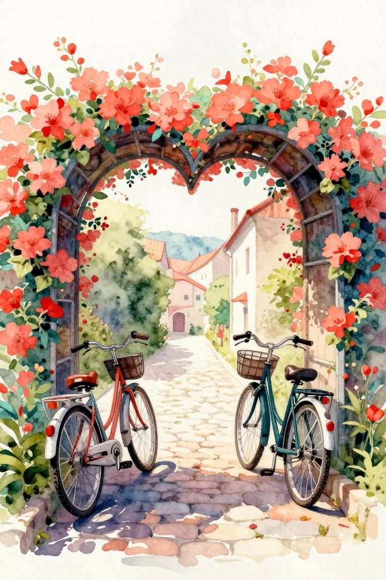 Two bicycles under red-flowered heart arch on cobblestone village path