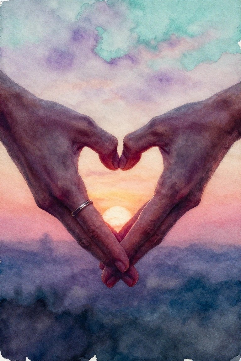 Watercolor of two dark hands with ring forming heart over sunset sky.