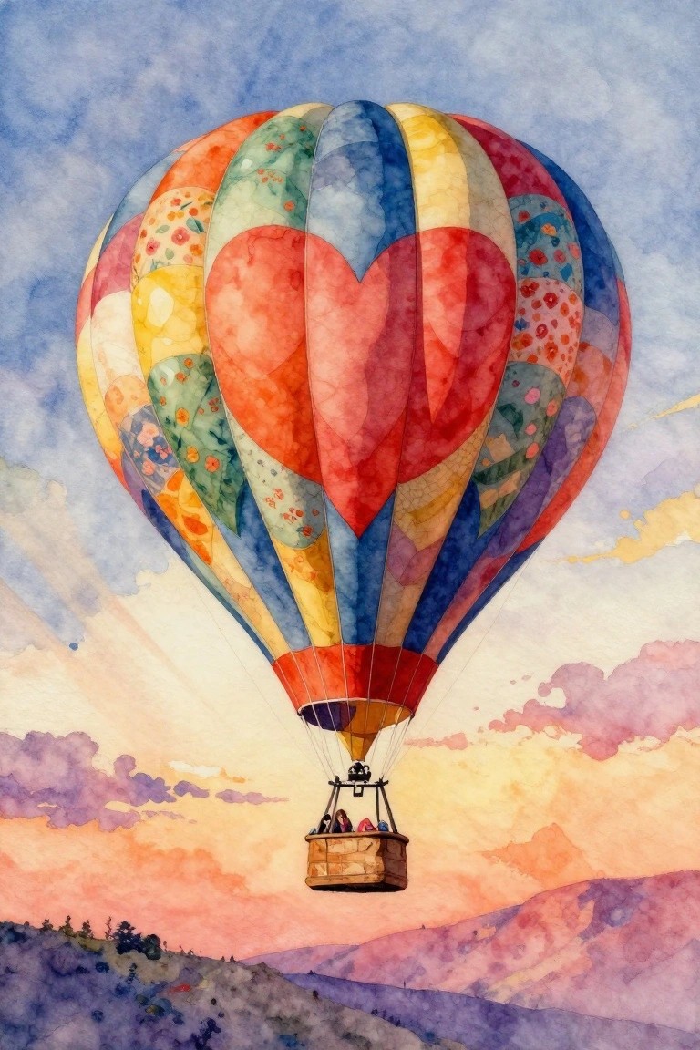 A watercolor painting of a large colorful hot air balloon covered in heart shapes floating above hills at sunset with a small basket below.