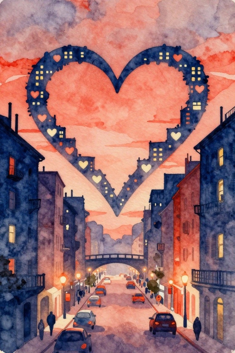 Watercolor of glowing heart-shaped skyline above a sunset city street with cars