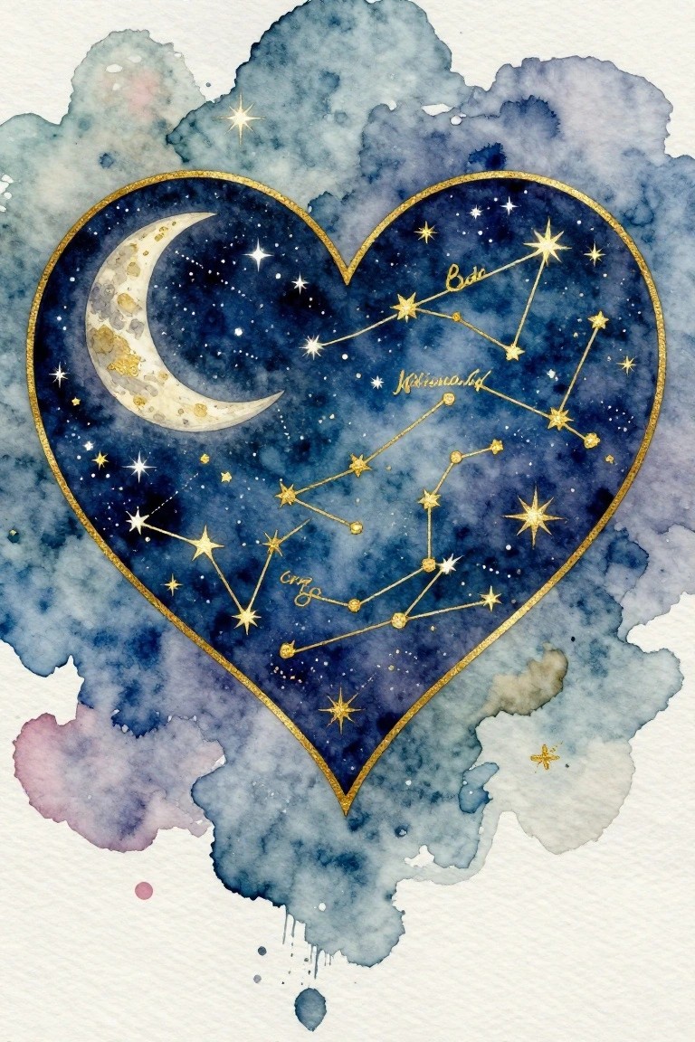 Watercolor heart with gold border, crescent moon, stars, and constellations on blue sky.