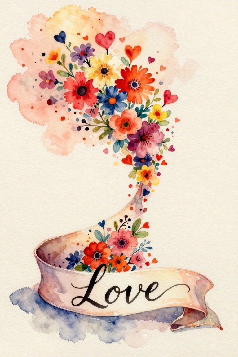 A watercolor-style painting shows a curved ribbon banner with the word Love, topped by colorful flowers and small hearts.