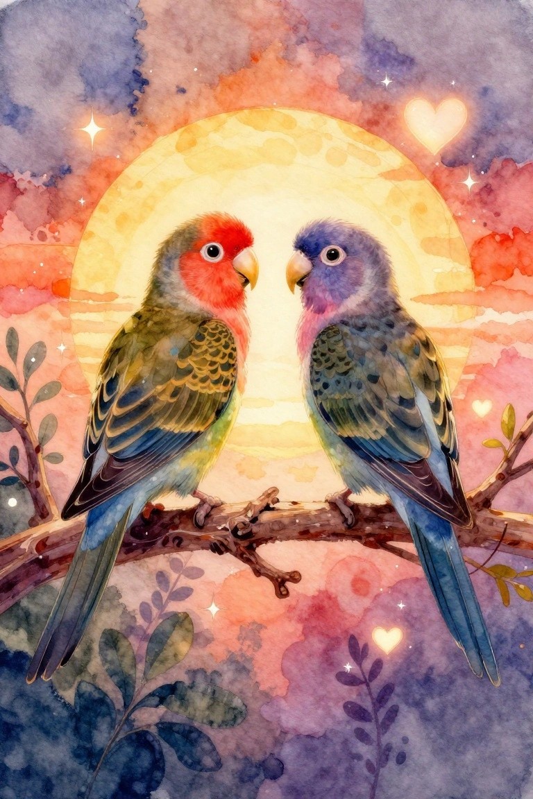 Two colorful birds facing each other on branch under glowing moon with hearts and stars