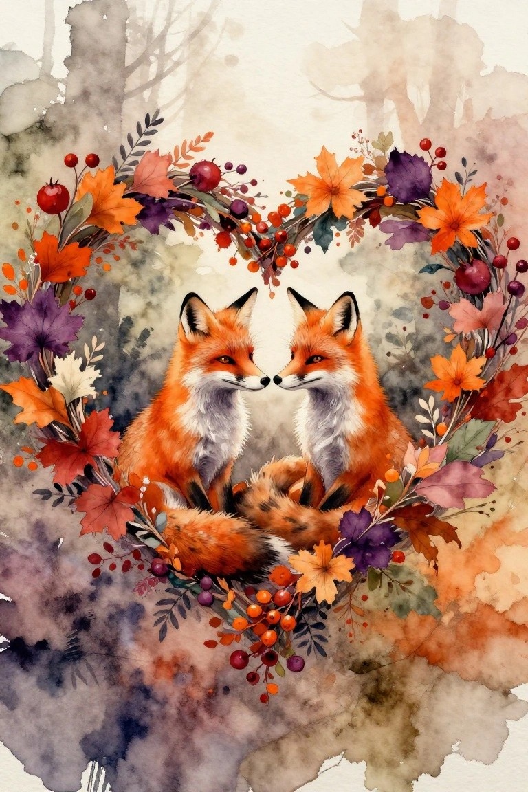 Two orange foxes touch noses inside a circle of autumn leaves and berries on a soft watercolor background.