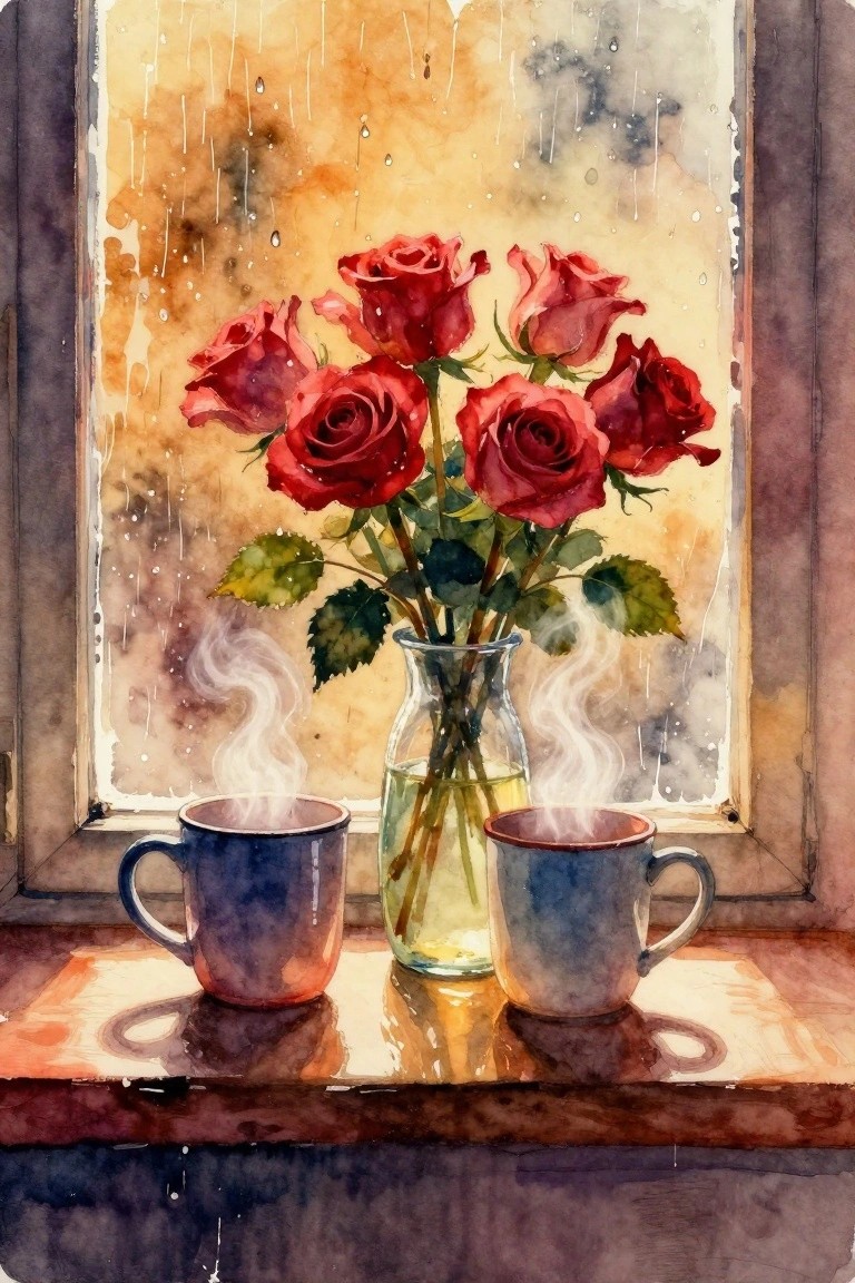 Watercolor of red roses in vase between steaming mugs on rainy windowsill