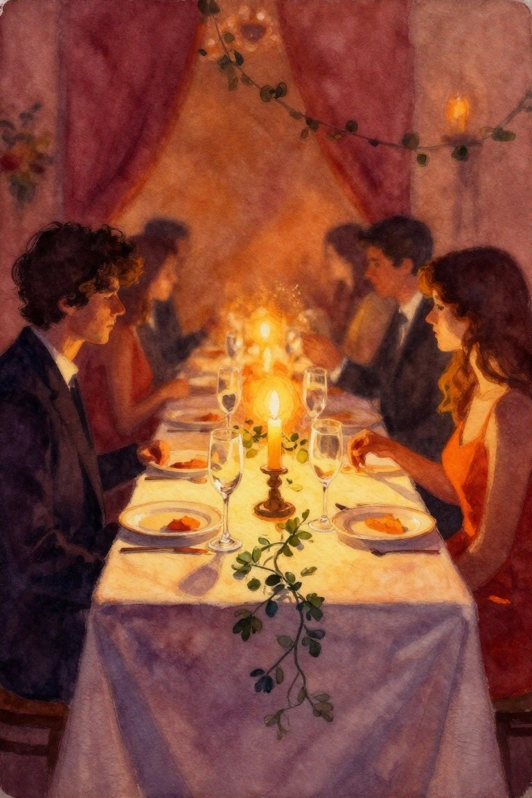Watercolor of couple at candlelit dinner table with wine glasses and greenery.