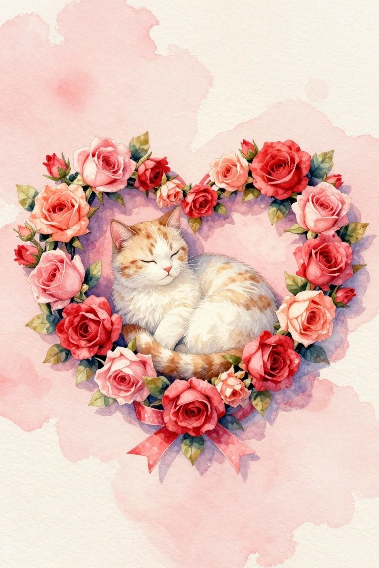 Sleeping ginger cat curled in heart-shaped pink rose wreath with bow.