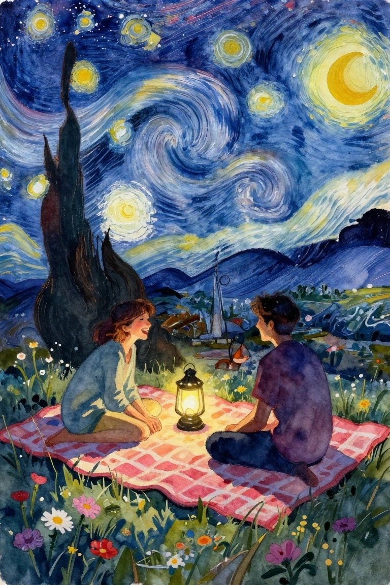 Couple picnics on checkered blanket with lantern under swirling starry night sky in watercolor.