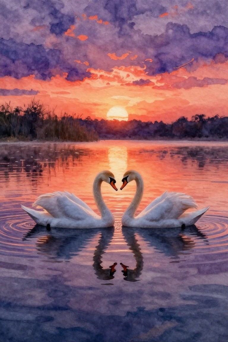 Two white swans with orange beaks form a heart with their necks on a lake at sunset, with their reflections visible in the water and a colorful sky above.