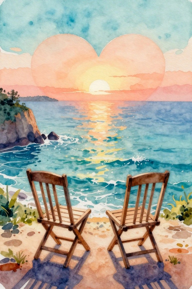 Two wooden chairs on a beach facing a heart-shaped ocean sunset in watercolor.