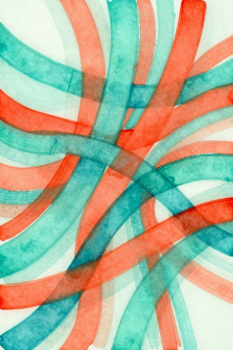 Abstract watercolor with overlapping red, orange, and teal curved brushstrokes on white.