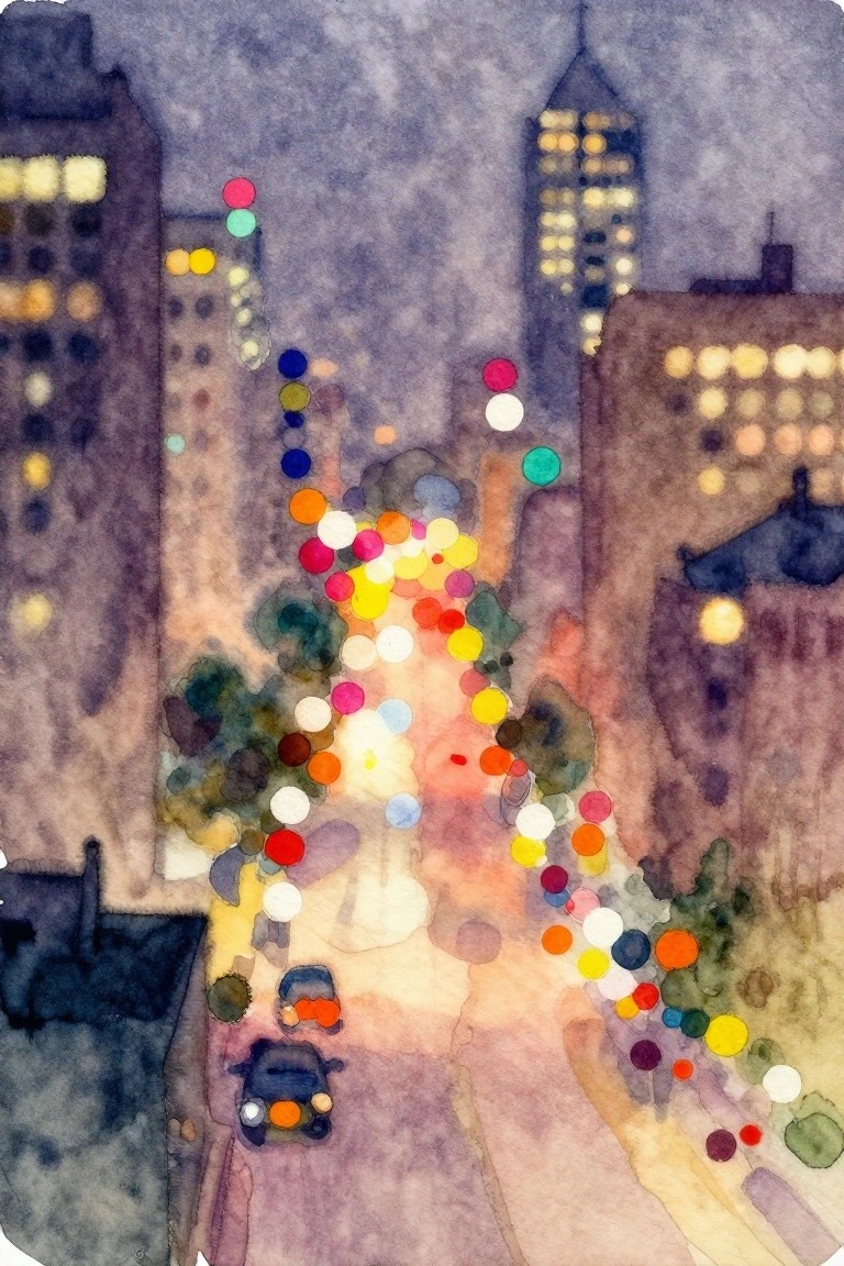 Watercolor cityscape at night with colorful bokeh lights along a curving street and buildings.
