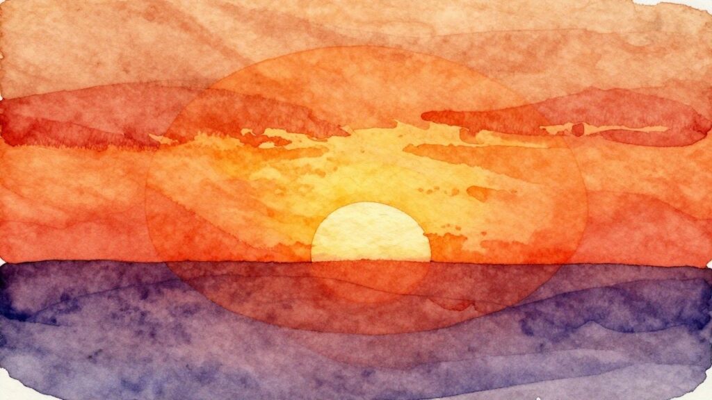 Watercolor sunset of stacked colorful ovals in blue, yellow, orange, red, and purple with yellow sun.