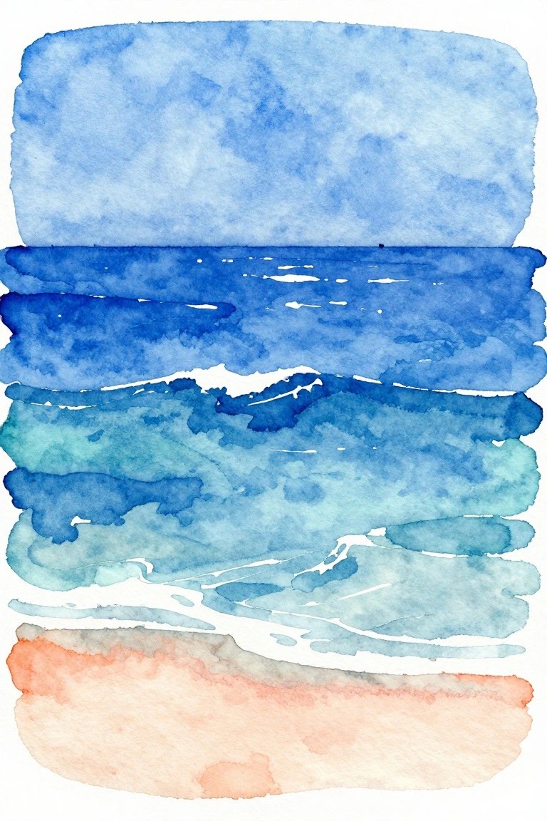 Abstract watercolor with layered horizontal bands of blue, teal, and orange.